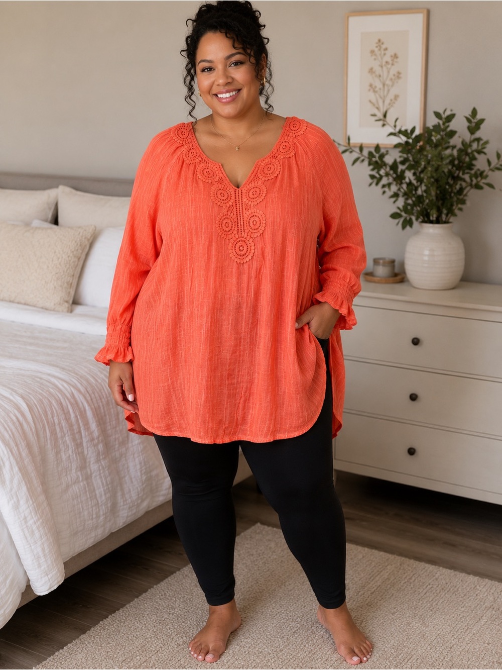 Spense Women's 1X Coral Boho Tunic Blouse Embroidered Crochet Long Sleeve